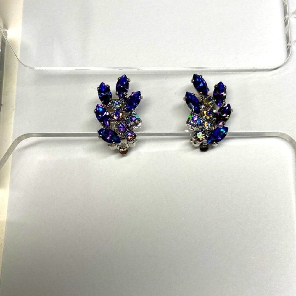 Vintage Purple Blue Rhinestone Clip Ons